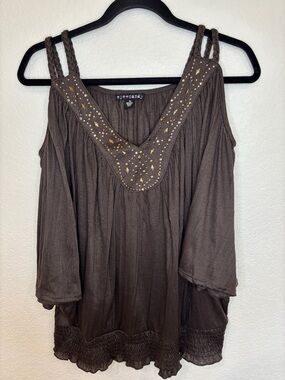 eye candy Dark Brown Embellished Cold-Shoulder Tunic Top